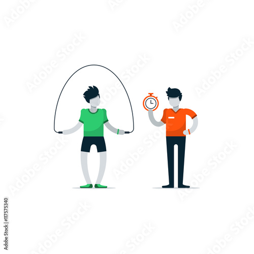 Personal training, workout session in gym, sport instructor, professional coaching concept. Vector flat design illustration isolated on white