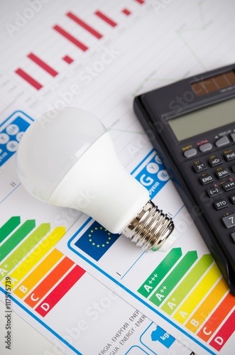 LED light bulb on energy efficiency chart.