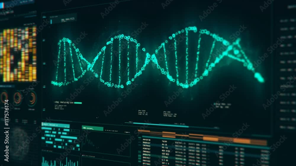 Analysis of DNA structure, molecules rotating on screen, genetic ...