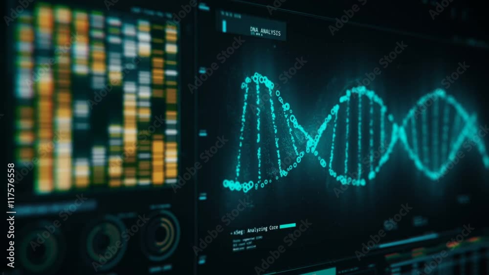 DNA chain rotating on screen, forensic analysis of structure, genetic research. DNA molecules analysis, biochemistry, statistics in graphs and charts