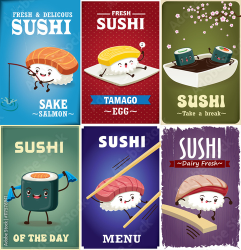 Vintage Sushi poster design with vector sushi character. Chinese word means sushi.