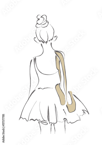 Ballerina girl in behind with ballet shoes line art minimal style illustration