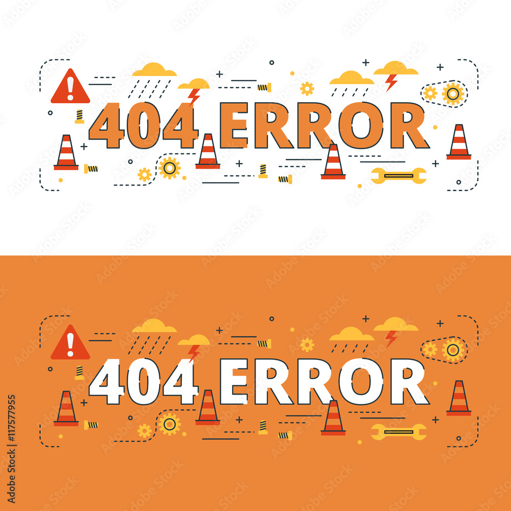 404 Error lettering flat line design with icons and elements for