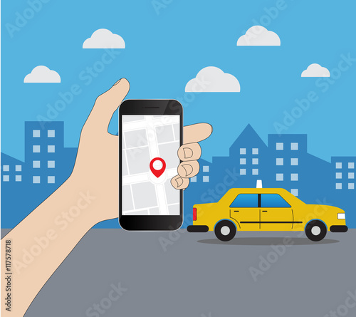 Phone with interface taxi on a screen on a background the city