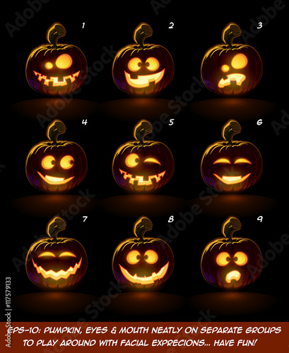 Dark Jack O Lantern Cartoon - 9 Vampire Expressions Set

Each expression on separate Layer. Pumpkin, Eyes, Mouth, Glow and Floor Glow on separate groups.