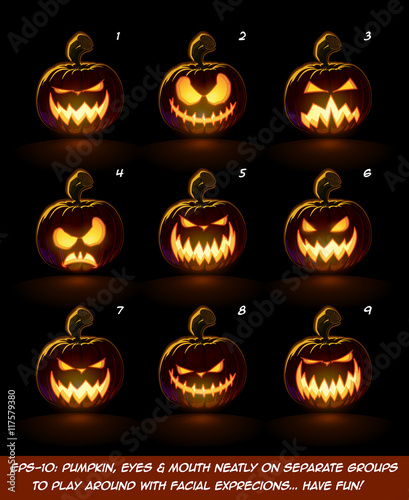 Dark Jack O Lantern Cartoon - 9 Vampire Expressions Set

Each expression on separate Layer. Pumpkin, Eyes, Mouth, Glow and Floor Glow on separate groups.