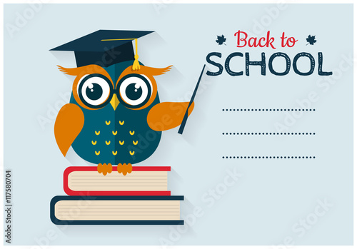 Back to school. Vector card with place for text. Wise owl with books and graduate cap. Flat design.