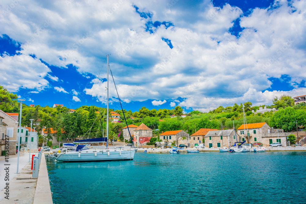 Rogac Solta summer cityscape. / Rogac is town on Island of Solta, popular touristic sailing destination, Croatia Europe.
