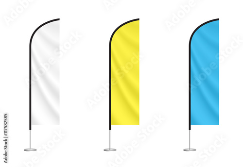 white, yellow and blue feather flag mock ups. vector advertising flags