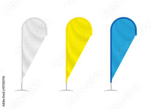 vector teardrop banner. white, yellow and blue beach flags. advertising flags