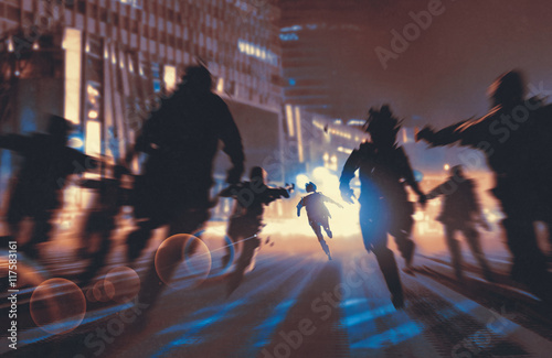 man running away from zombies in night city,illustration,digital painting photo