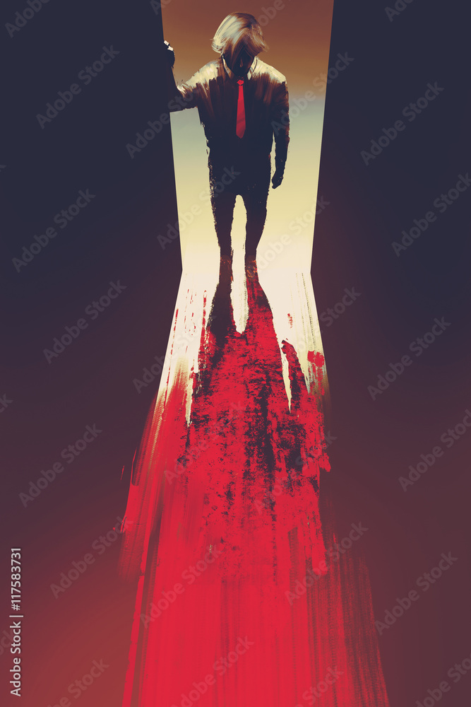 Fototapeta premium man standing in front of the door,murder concept,illustration painting