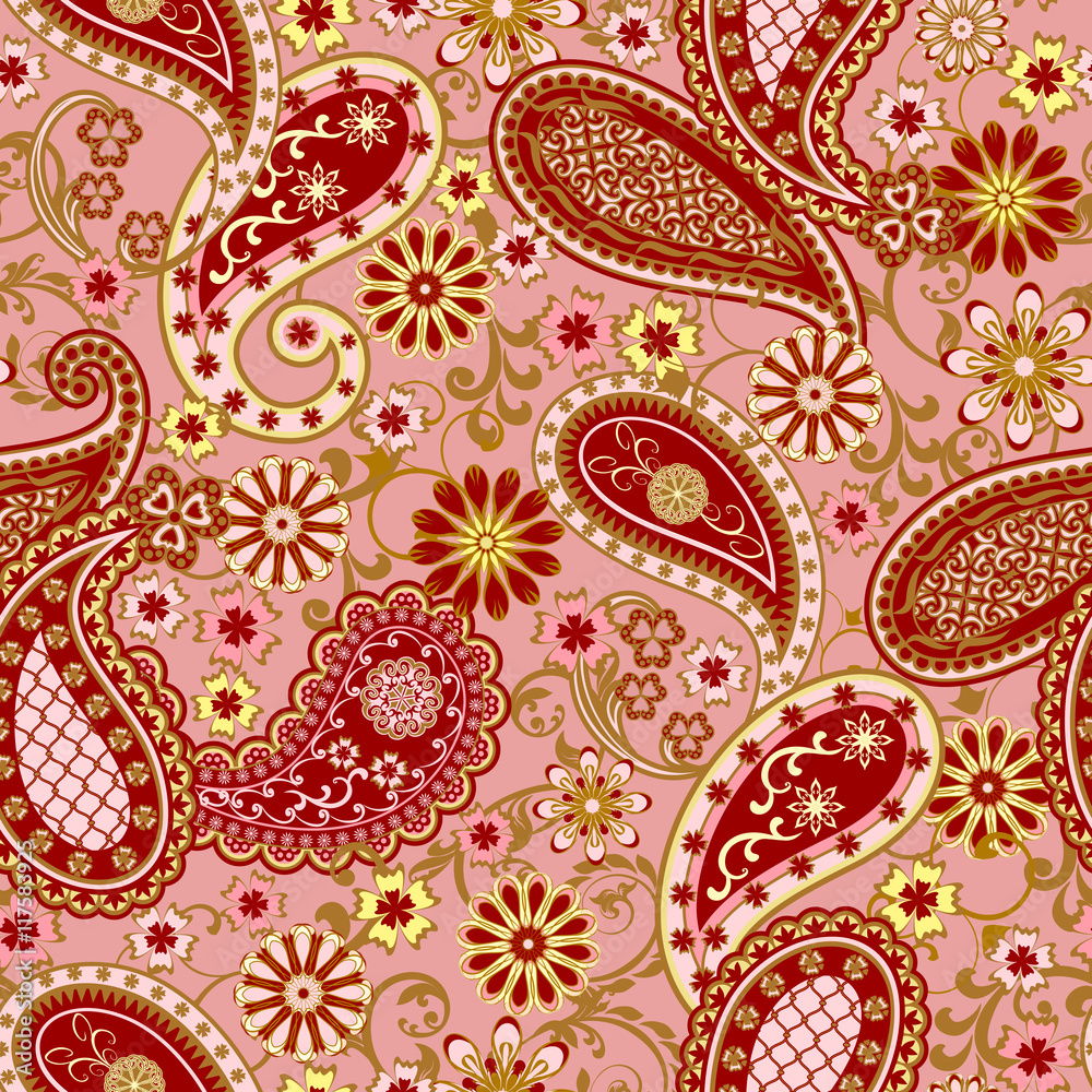 The pattern of flowers and Paisley in Indian style.