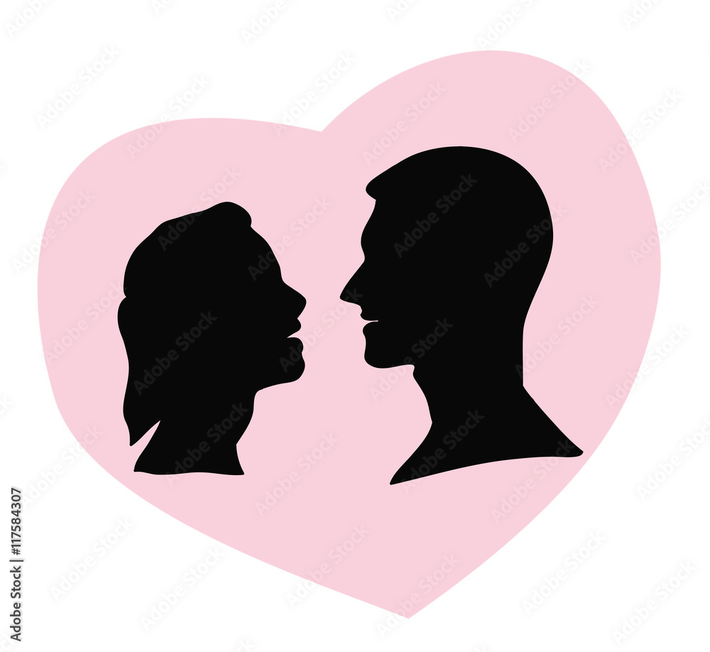 silhouette of a man and a woman looking at each other in the background of the heart. vector illustration