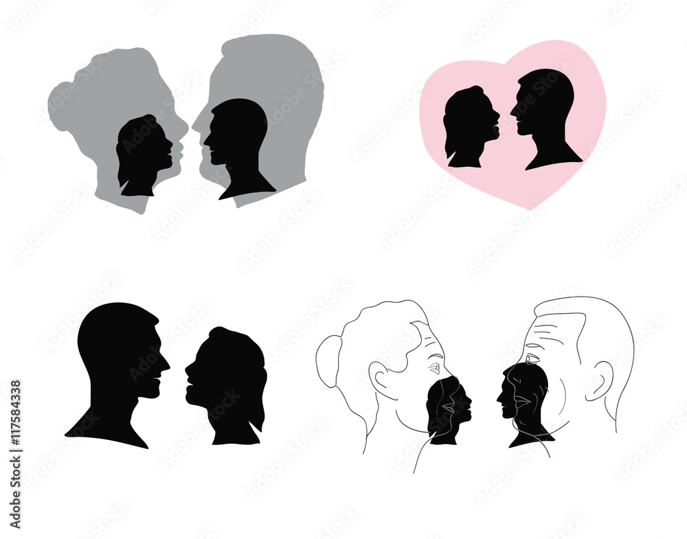 silhouettes of men and women look at each other. vector illustration. silhouettes of men and women look at each other. vector illustration.