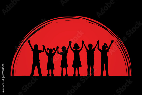 Children holding hands designed on sunset background graphic vector.