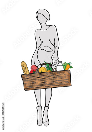 silhouette of a woman holding a basket with food. vector illustration