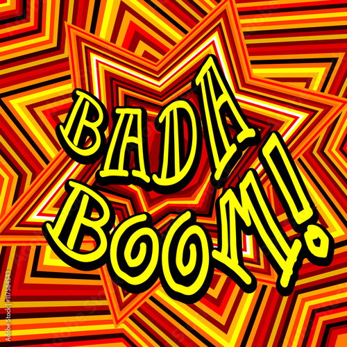 Badaboom comic cartoon. Vector illustration with yellow-red star. Explosion template.