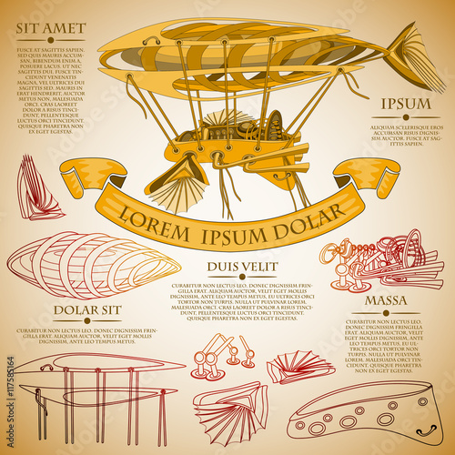 Fantastic Zeppelin airship paper plan. Futuristic or steampunk tattoo design. Isolated vector collapsible composition.
