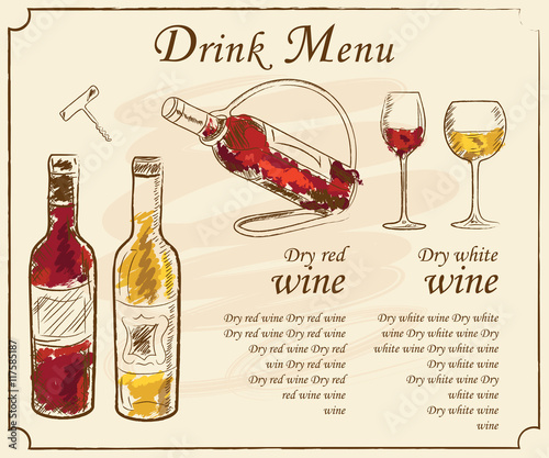 Drink menu elements. Restaurant blackboard for drawing. Hand drawn drink menu vector illustration. wine list, drink menu board, glass of the white wine and red wine