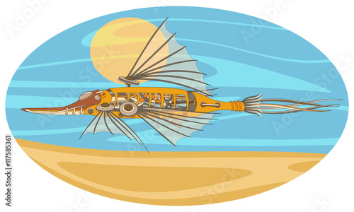 Fantastic flying and floating mechanism with wings, resembling a fish or a bird. Futuristic or steampunk design. Isolated vector collapsible illustration.