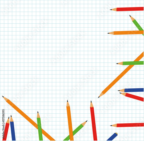 colored pencils scattered on a notebook into a cell. vector illustration