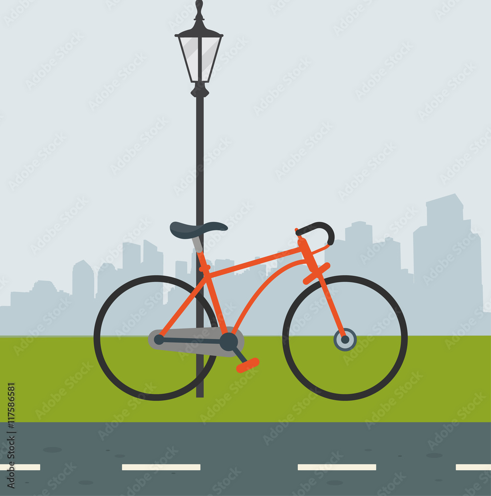 Obraz premium Fahrrad lehnt an einer Laterne auf der Straße - Vektor