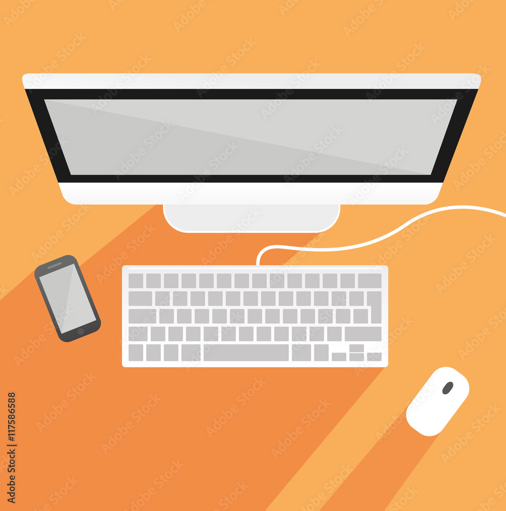 Arbeitsplatz mit Bildschirm, Tastatur, Maus und Handy von oben - Vektor