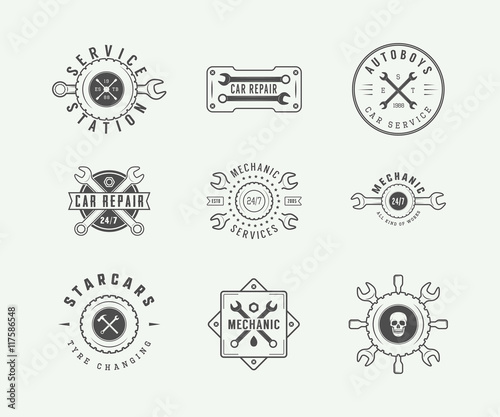 Set of vintage mechanic label, emblem, badge and logo.