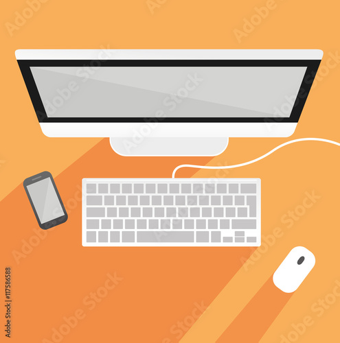 Arbeitsplatz mit Bildschirm, Tastatur, Maus und Handy von oben - Vektor photo