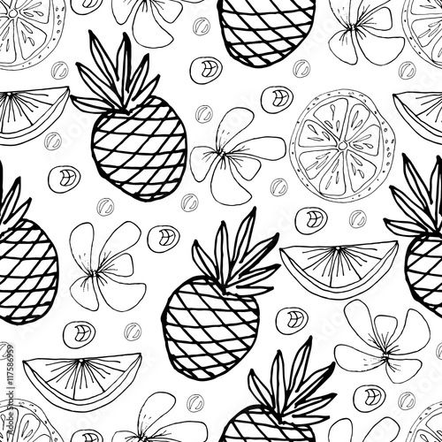 Vector seamless pattern. Pineapple, orange fruit, lime, tropical flowers. Hand drawn sketches.