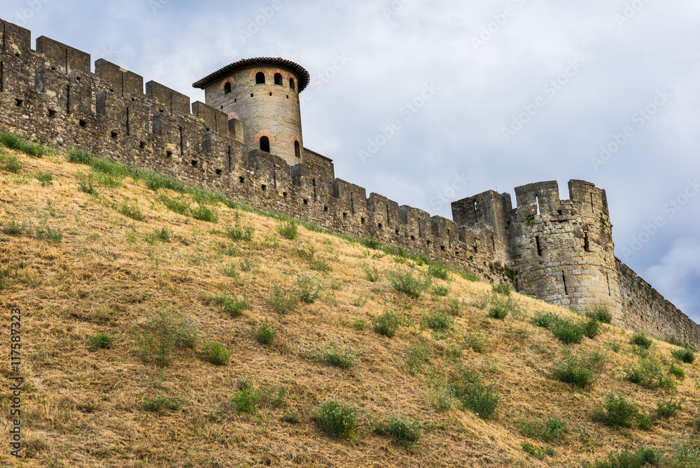 View of Castle wall and towers of Carcassonne from below 