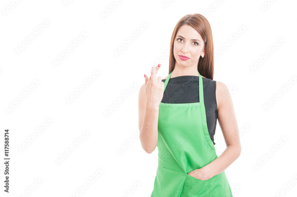 Beautiful supermarket seller with luck sign Beautiful supermarket seller with luck sign