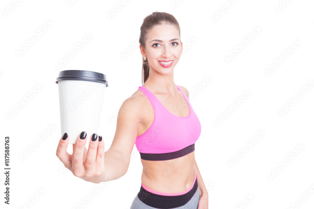 Selective focus of girl at gym holding coffee