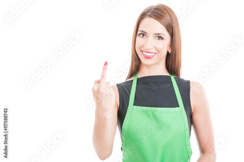 Happy young employee rising middle finger