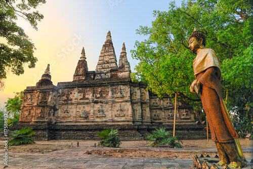 Ancient pagoda at Wat Jet Yod  is the historic in Chiangmai Thai as landscape background