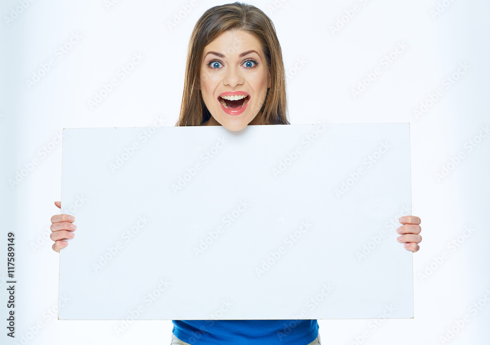 Surprised woman holding advertising board Surprised woman holding advertising board