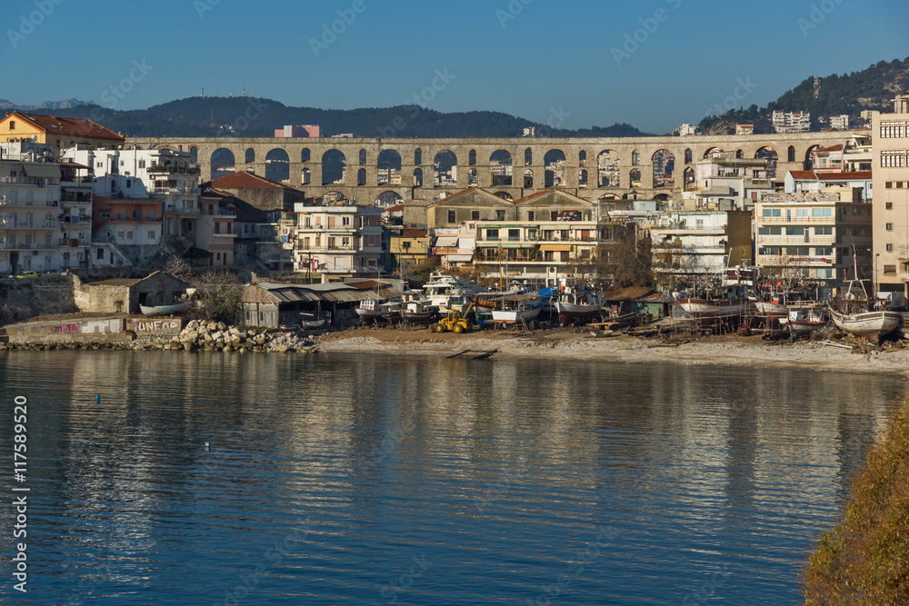 Panoramic view to Old town of Kavala and aqueduct, East Macedonia and Thrace, Greece