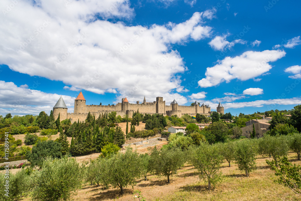 Castle fortress and surrounding countryside of Carcassonne in the south of France