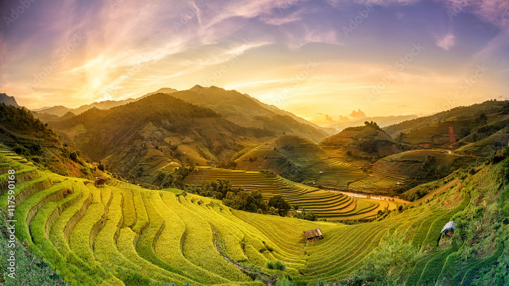 Terraced rice fields at sunset Mu Chang Chai, Yen Bai, Vietnam - obrazy, fototapety, plakaty 