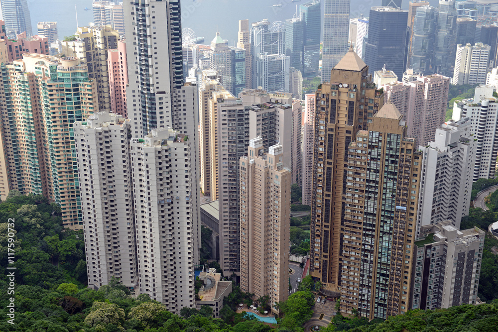 Tightly packed buildings in the island metropolis of Hong Kong