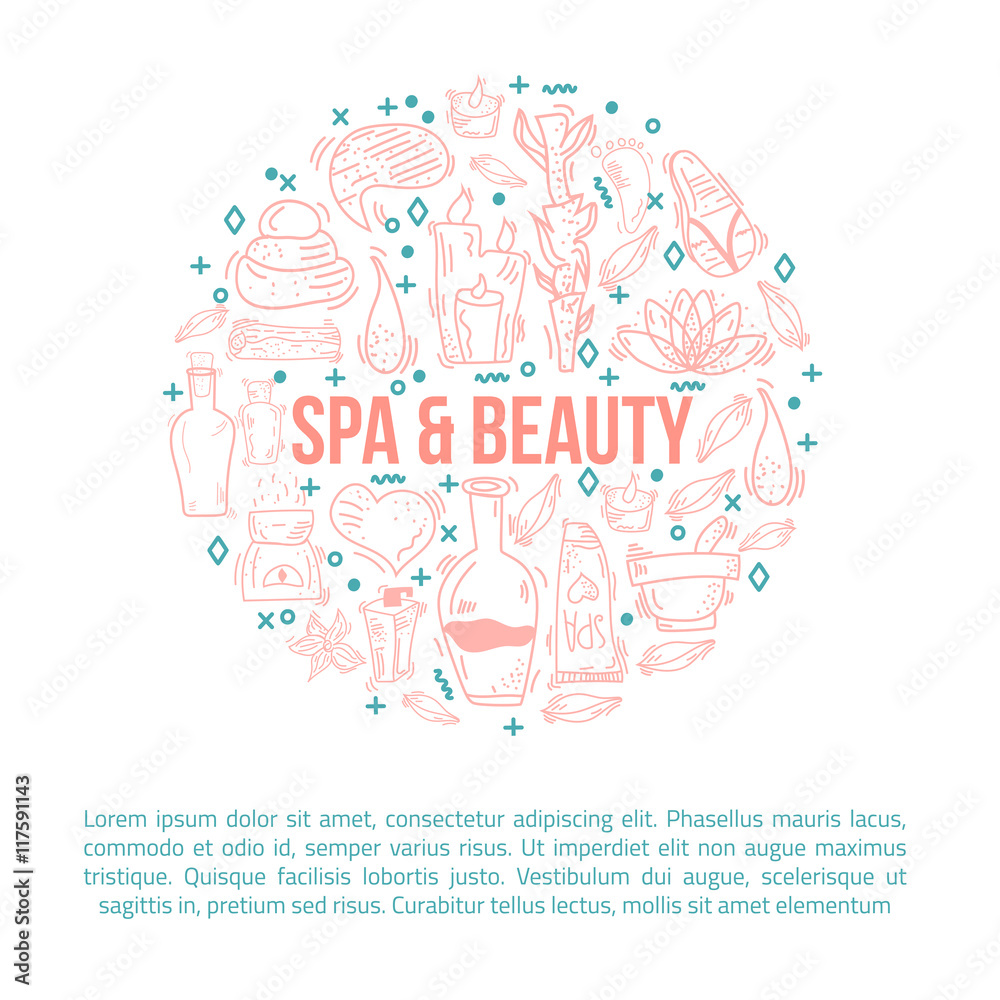 Doodle hand-drawn cosmetics for spa treatments. Circle banner design with bottles, candles, cream, stones