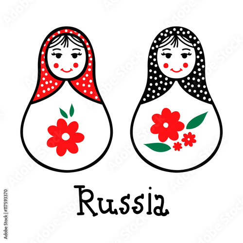 Russian traditional wooden toys babushka, matryoshka, simple USSR elements. Vector illustration. National culture concept. Retro doll design background