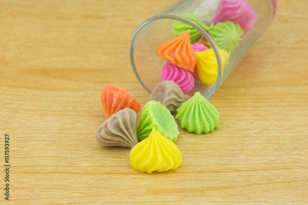 Aalaw candy, colorful Thai dessert with sugar crust and soft chewy inside made from flour,selective focus