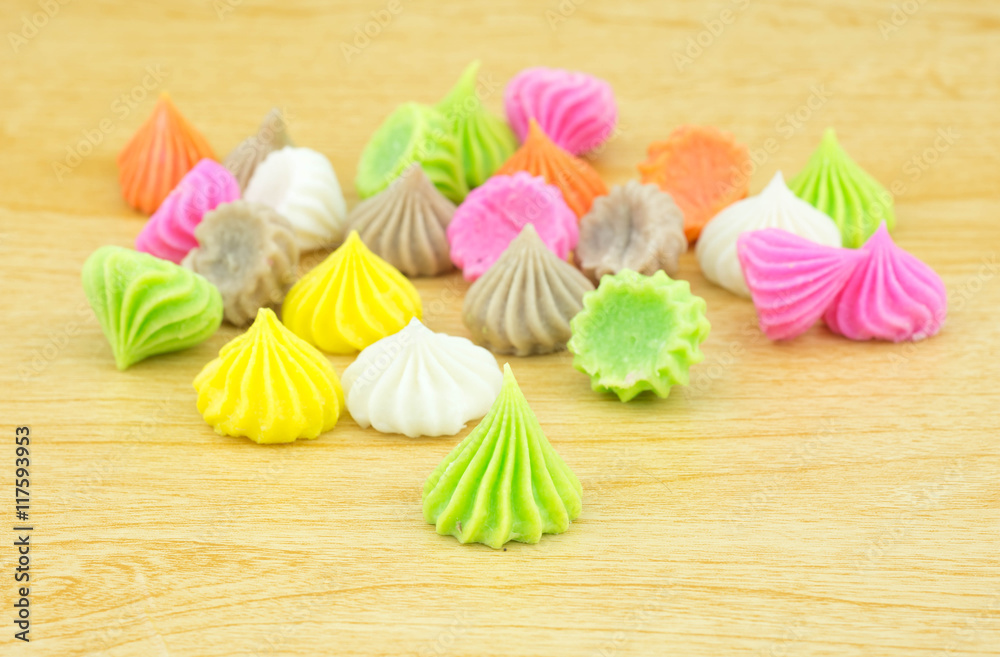 Aalaw candy, colorful Thai dessert with sugar crust and soft chewy inside made from flour,selective focus Aalaw candy, colorful Thai dessert with sugar crust and soft chewy inside made from flour,selective focus
