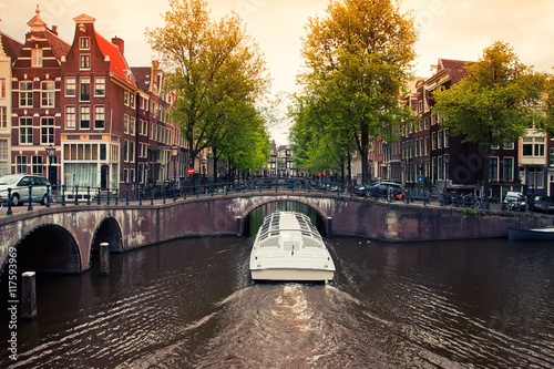 Amsterdam canals with boat