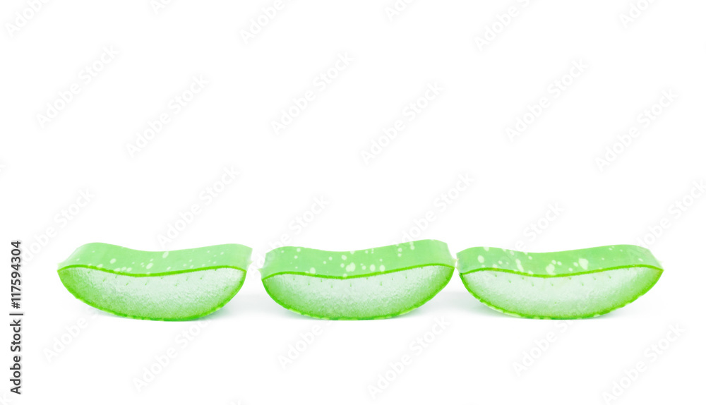 Closeup fresh aloe vera slice on white background, beauty and healthy care concept, selective focus Closeup fresh aloe vera slice on white background, beauty and healthy care concept, selective focus