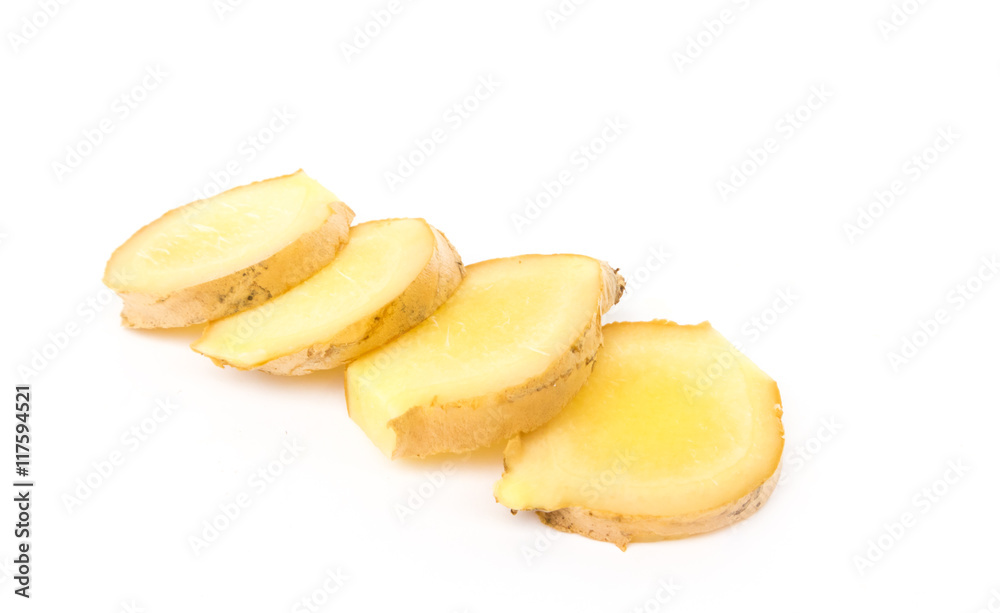 Fresh ginger slice on white background,raw material for cooking Fresh ginger slice on white background,raw material for cooking