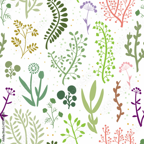 Seamless pattern of hand-drawn and painted branches and leaves.