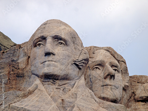 Sculpted images of Presidents George Washington and Thomas Jefferson at Mt. Rushmore National Memorial, Keystone, South Dakota, U.S.A.